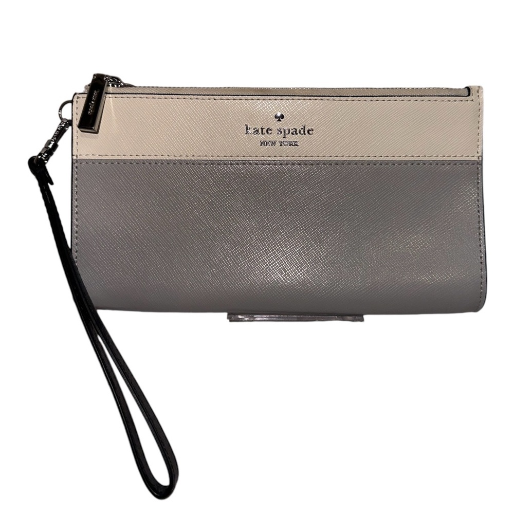 Kate Spade NWOT Madison Platinum Gray and White Leather Wristlet Wallet